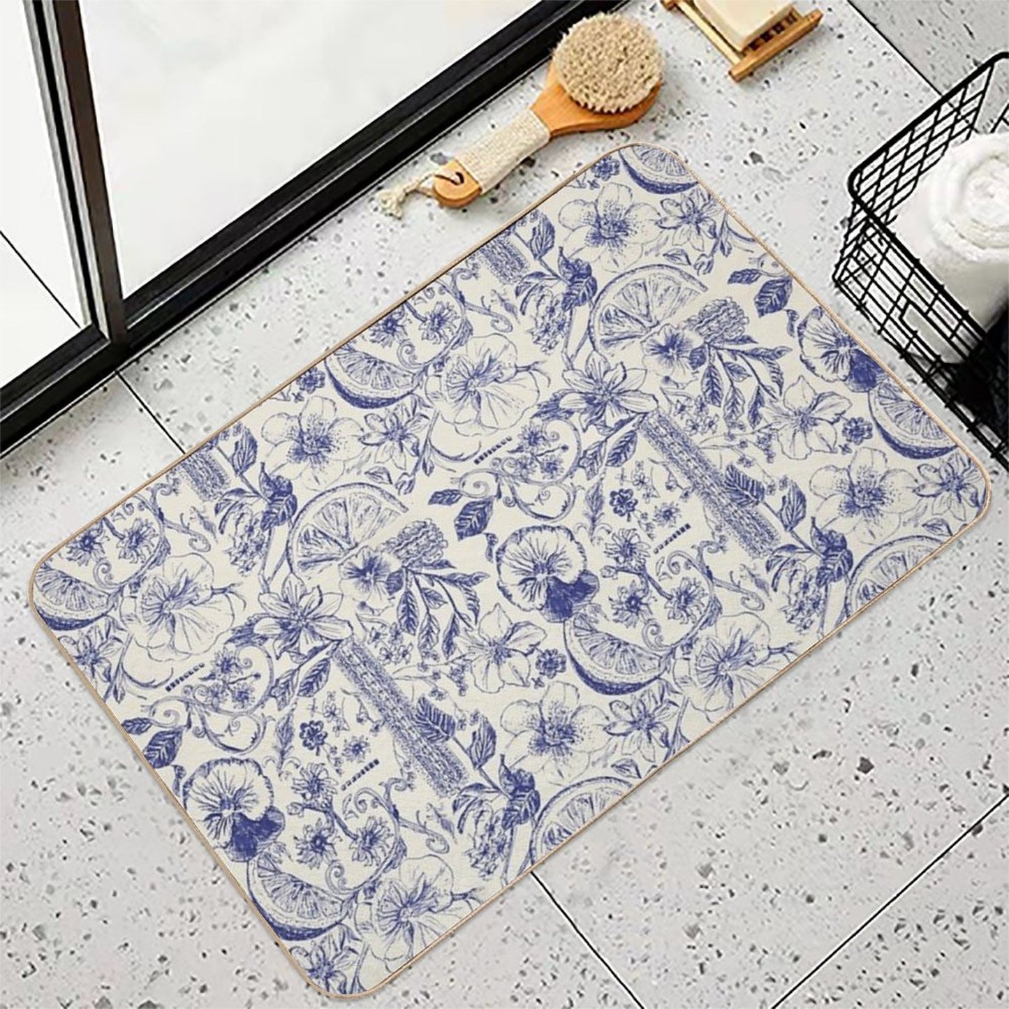 Fruity Blue Ornate Floral Royal.  Versatile Bath Mat