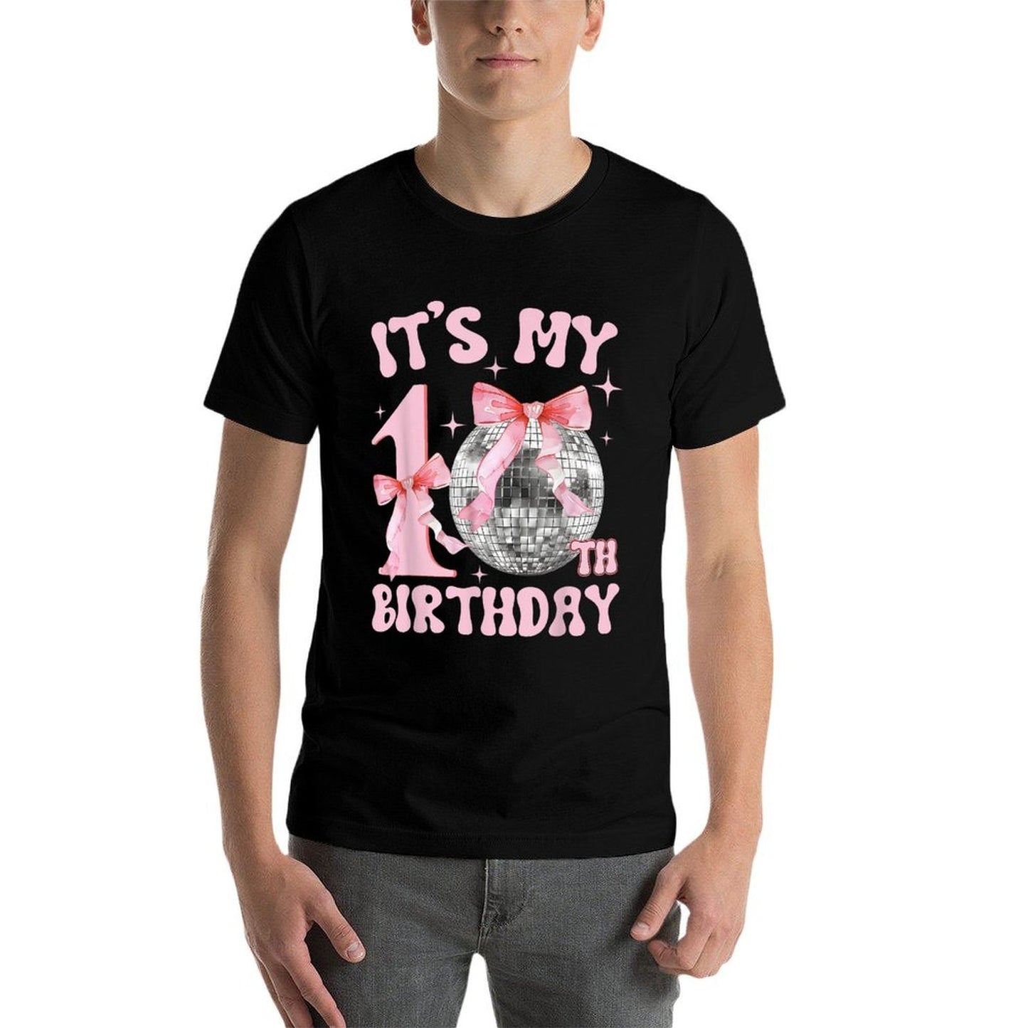 Its My 10th Birthday Girl 10 Year Disco And Coquette Bow  Ribbed Collar T-Shirt
