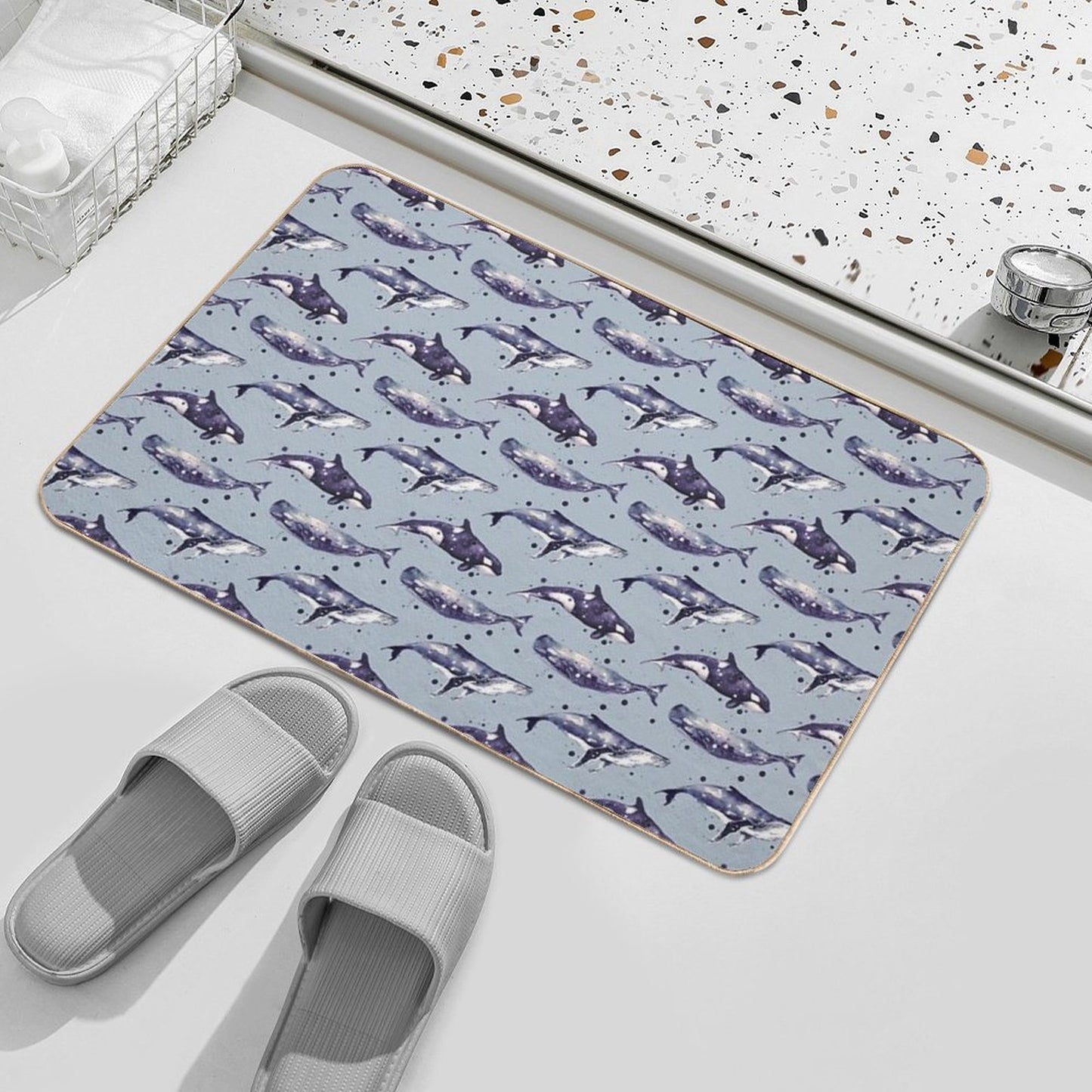 Watercolor Whale Trio in Grey  Eco-Friendly Bath Mat