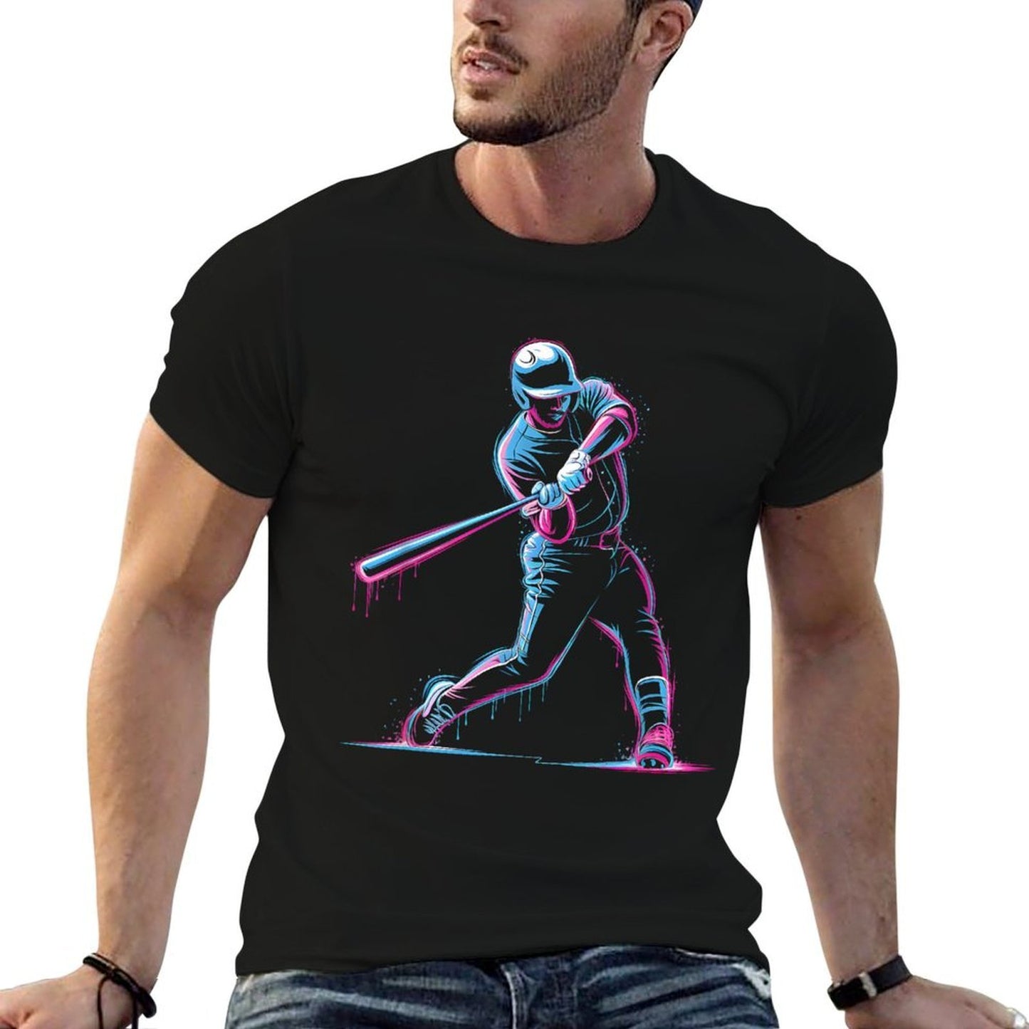 Neon Baseball Player Swinging Drip Art Design  Affordable Price T-Shirt