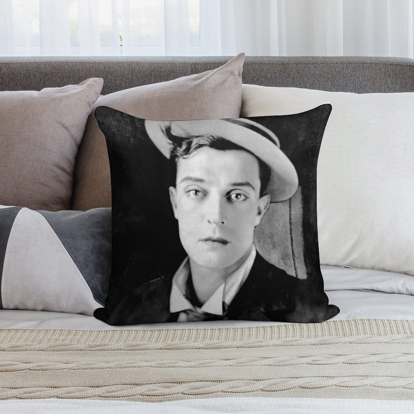 Buster Keaton - BW Vintage - D13 Soft Reinforced Edging Throw Pillow