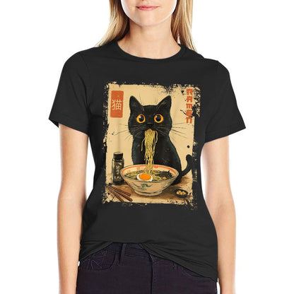 Dirhame Funny Japanese Cat Ramen Anime Kawaii Cat Eating Ramen Noodles, Unisex-Adults, Anime Fans, Girls, Young Females, Black,  Tagless Design T-Shirt