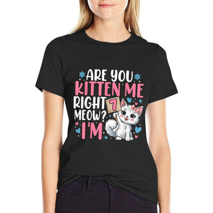 7th Birthday Girl 7yr Seven 7 Year Old Kitten Cat Bday  Trendy Pattern T-Shirt