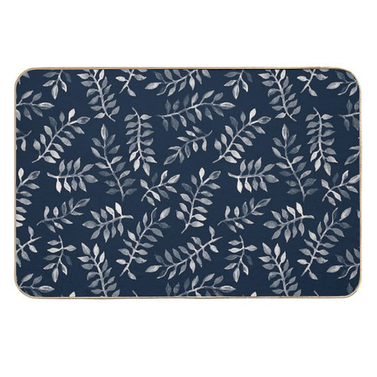 White Leaves on Navy - A Hand Painted Pattern  Toxin-Free Bath Mat