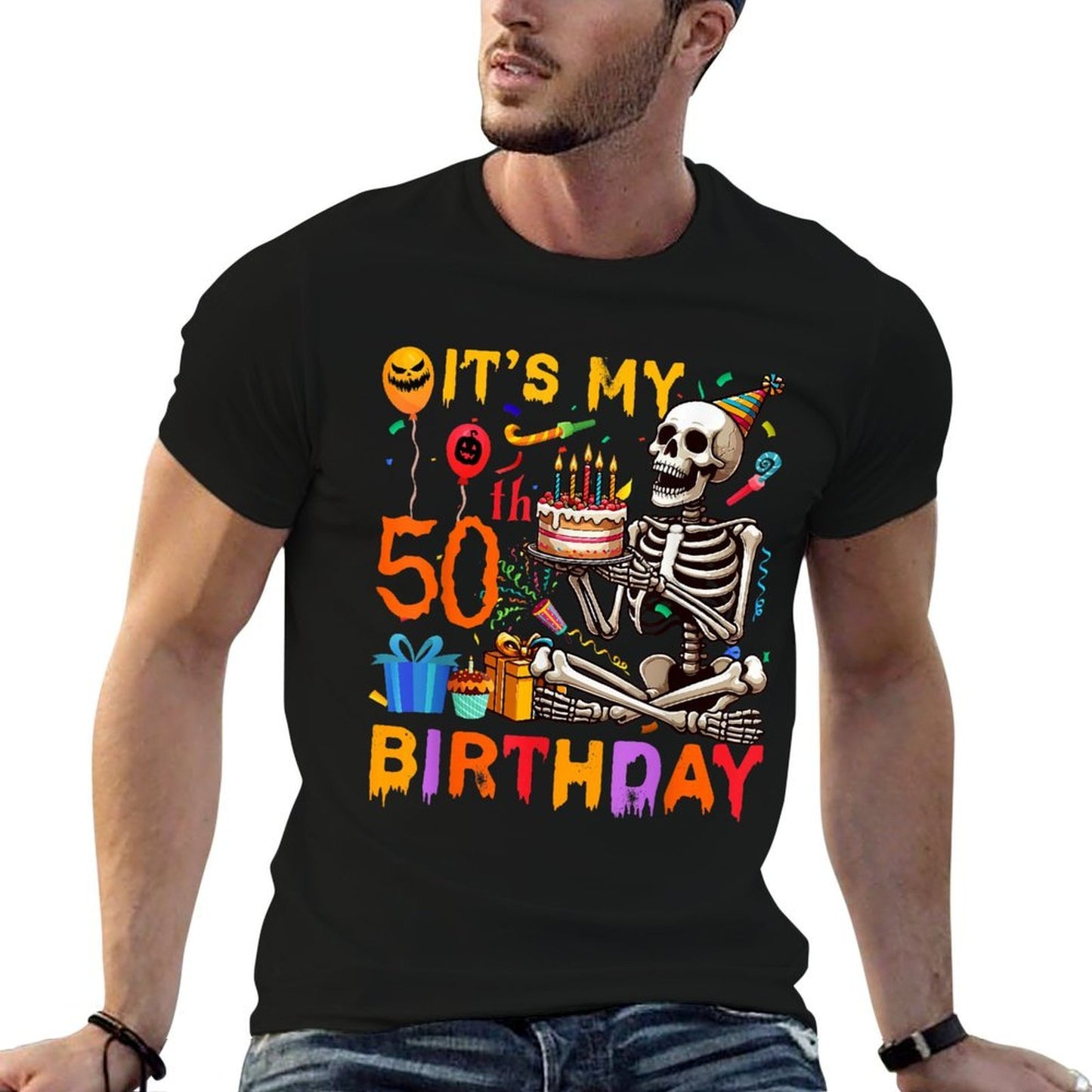 It's My 50th Birthday Halloween Skeleton Matching Party  Ribbed Collar T-Shirt