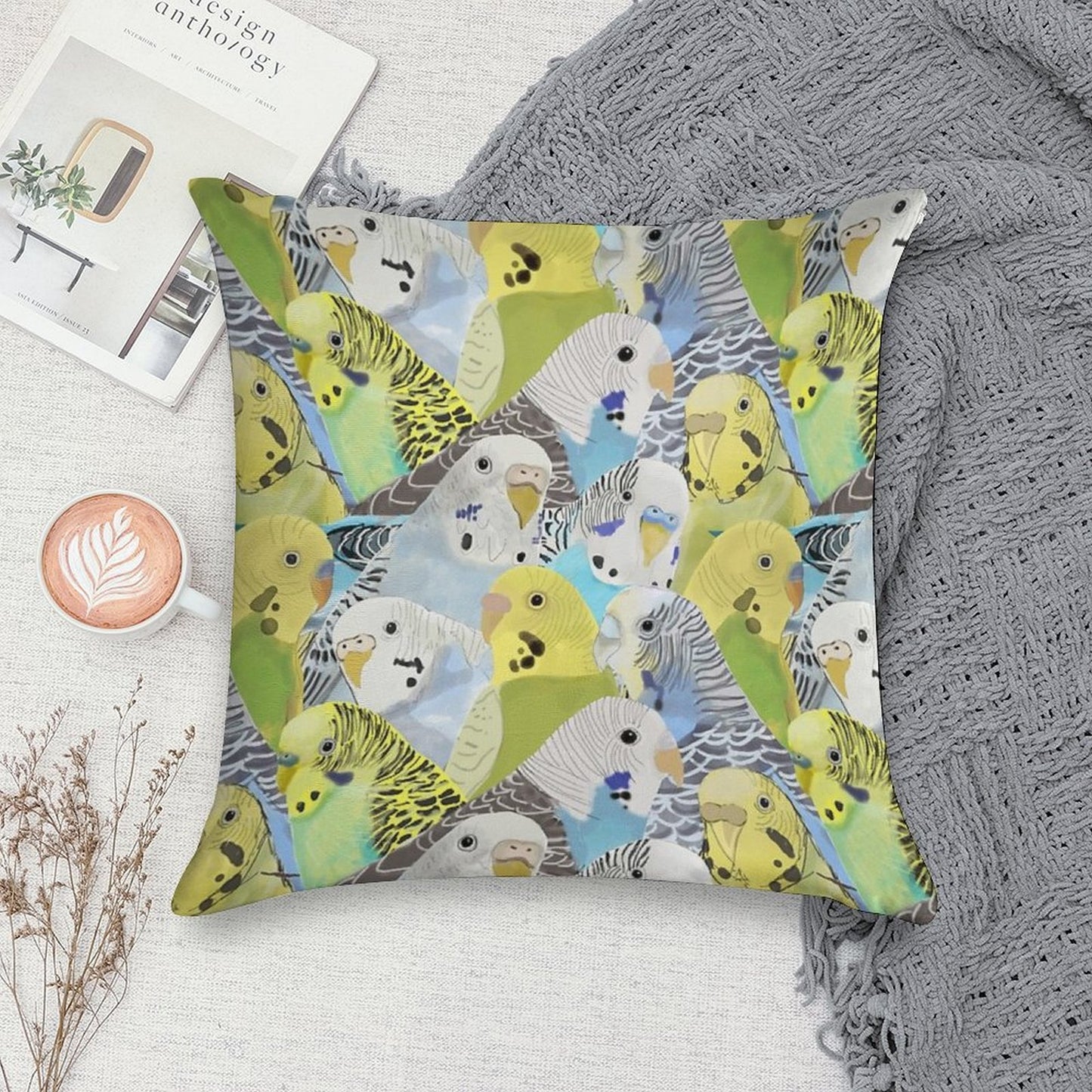 Budgie Parakeets Soft Fade-Resistant Throw Pillow