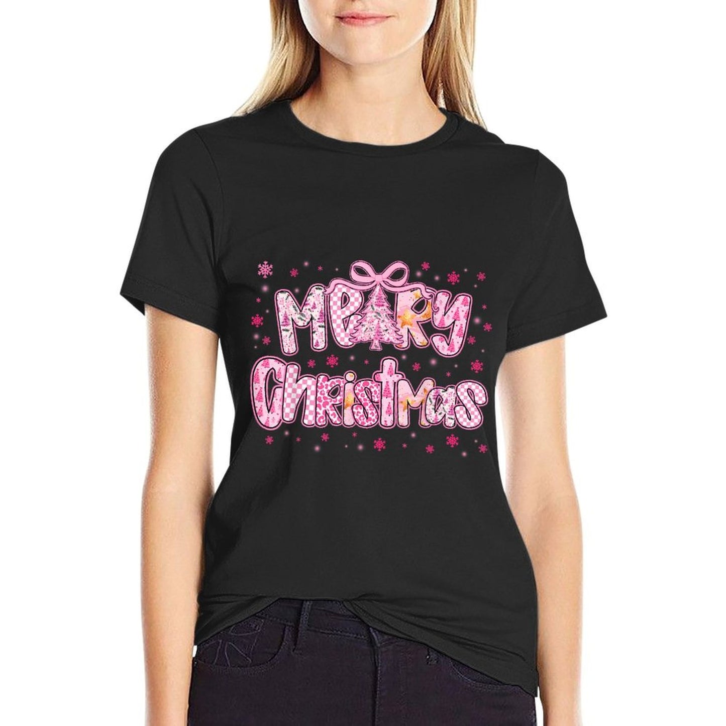 Mery Christmas Cute Pink Coquette Pajamas Xmas Women Girl  Tagless Design T-Shirt