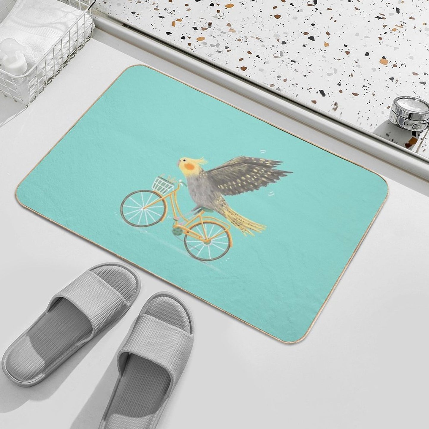 Cockatiel on A Bicycle  Easy To Clean Bath Mat