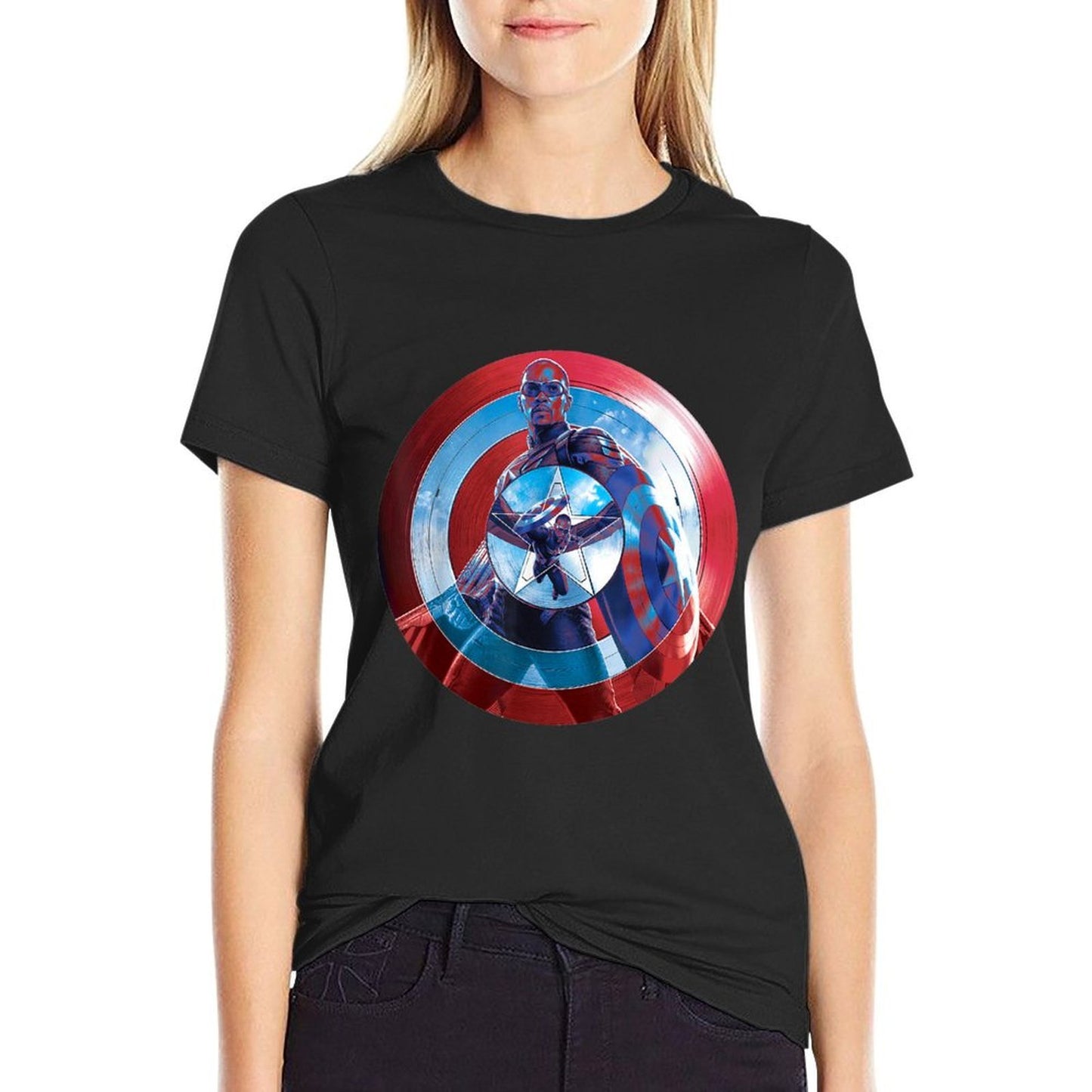 Marvel Captain America 4 Brave New World Shield Reflection  Rolled Sleeves T-Shirt