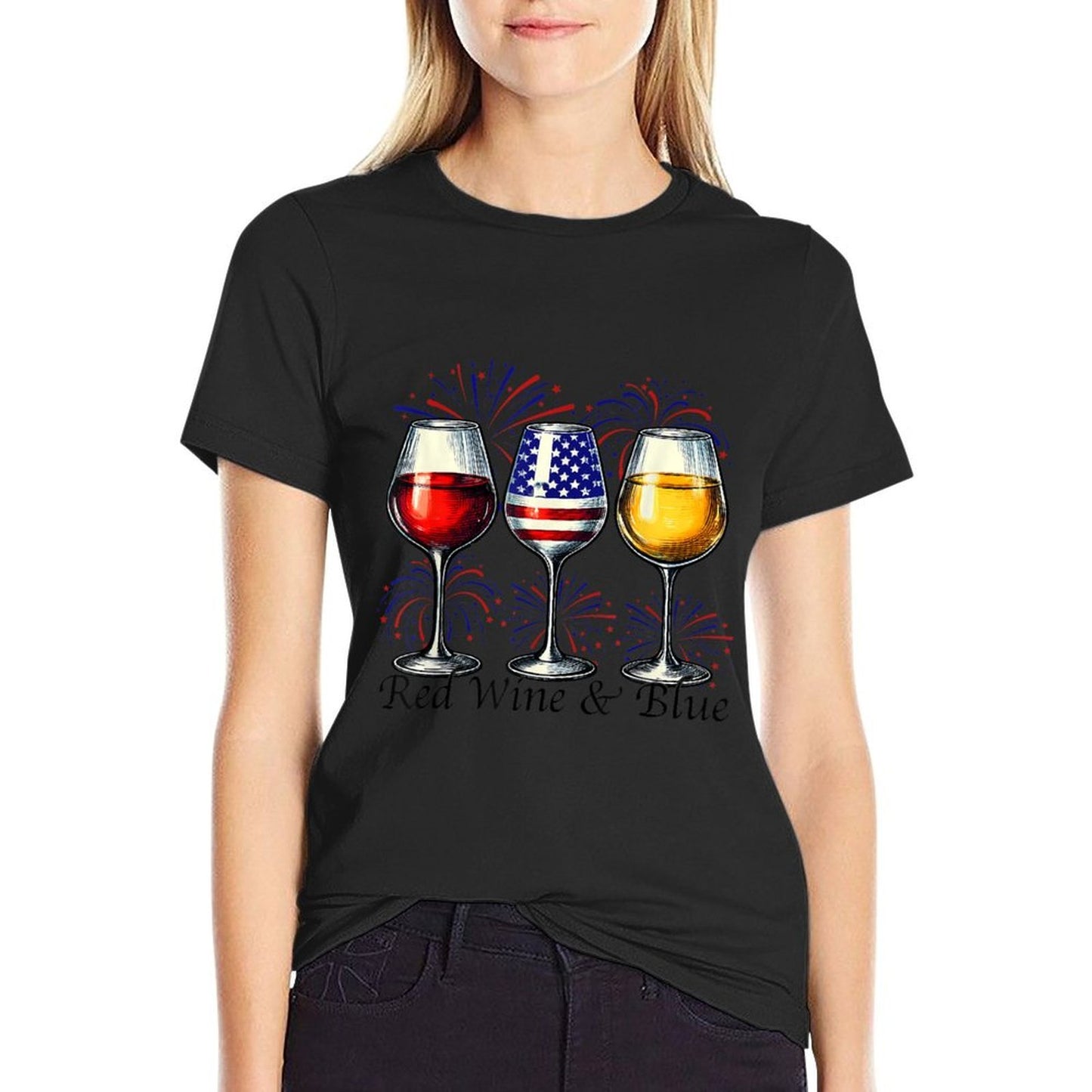 Red Wine  Blue 4th Of July Wine Glasses American USA  Slim-fit Cut T-Shirt