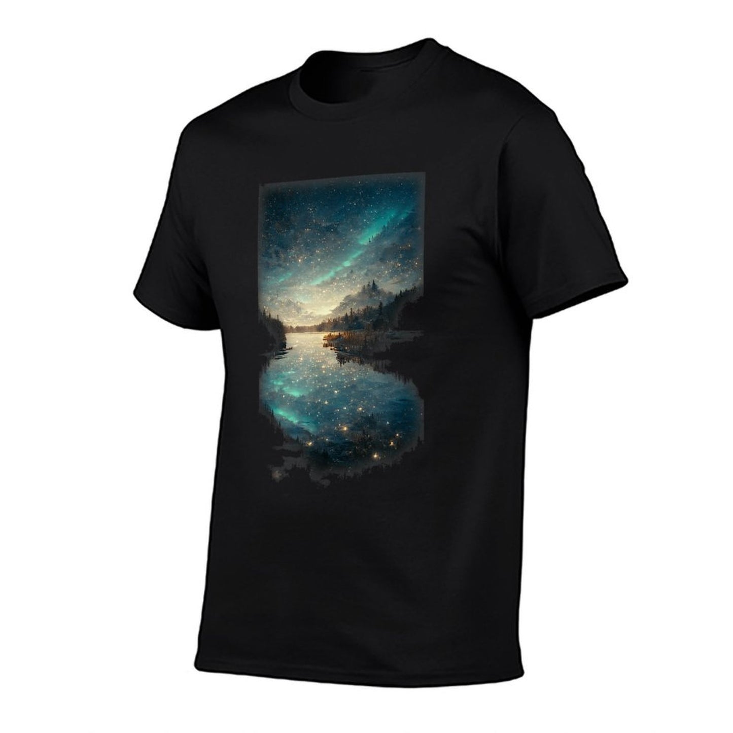 Beautiful Landscape Lake Starry A Night Northern Lights  Trendy Pattern T-Shirt