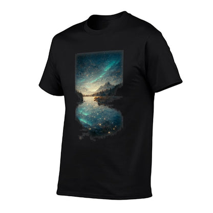 Beautiful Landscape Lake Starry A Night Northern Lights  Trendy Pattern T-Shirt