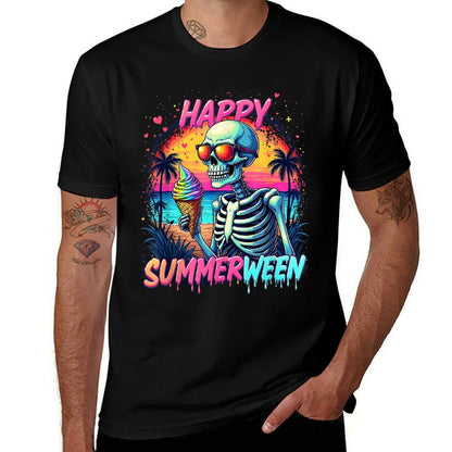 Summer Watermelon Jack-o-lantern Happy Summerween Skeleton  Fade-proof Color T-Shirt