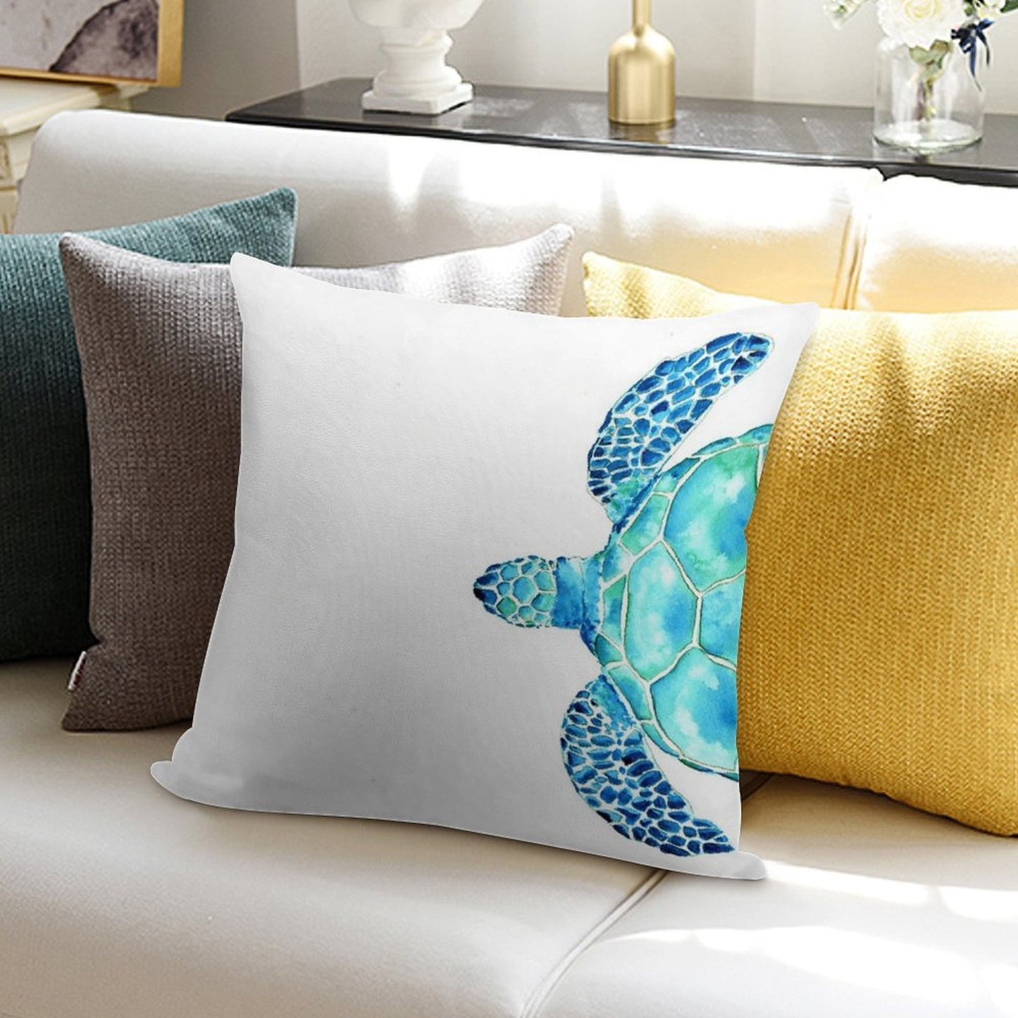 Coastal. Sea Turtle. Watercolor Painting. Soft Fade-Resistant Throw Pillow