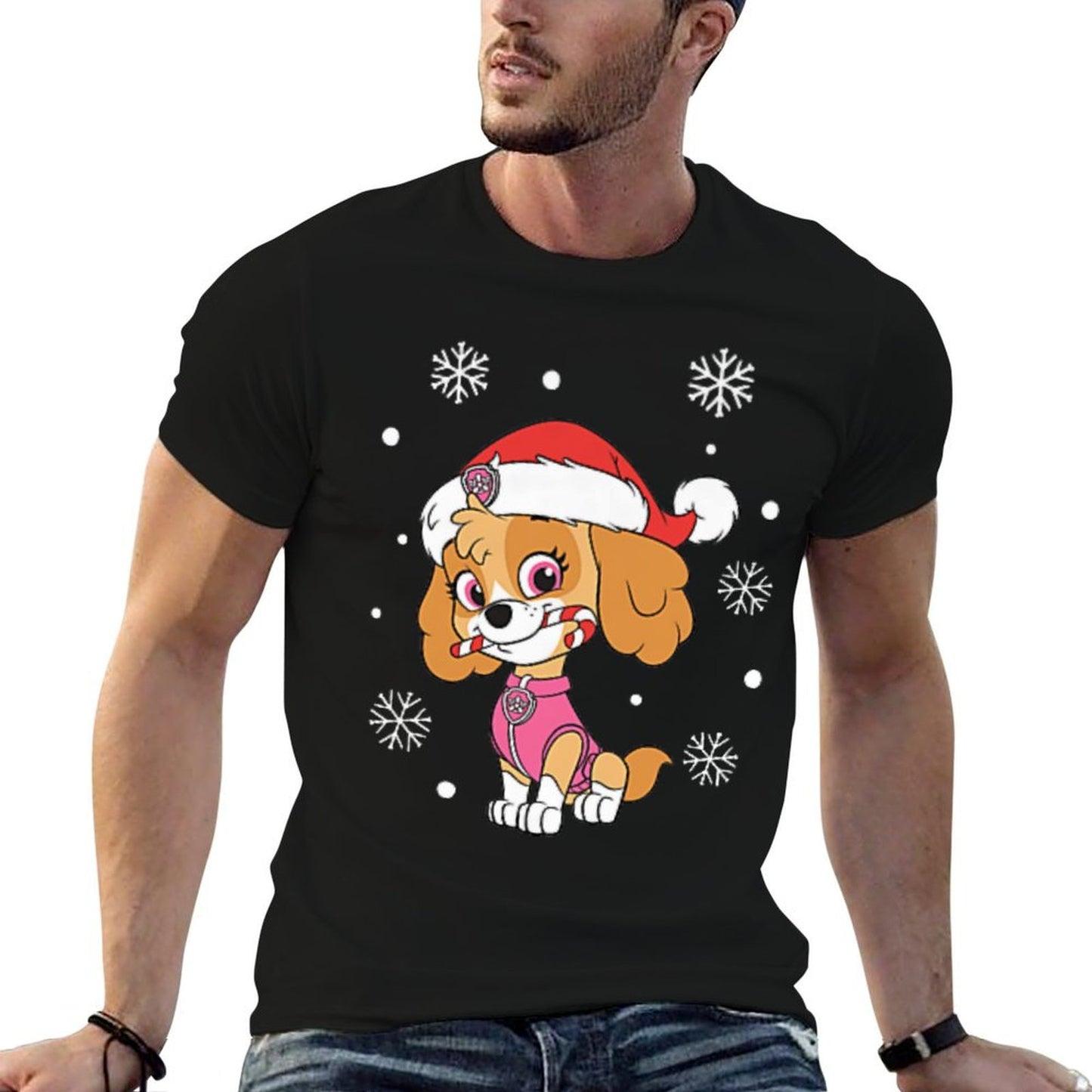 Paw Patrol Skye Left Chest Christmas Hat And Candy Cane Premium  Rolled Sleeves T-Shirt