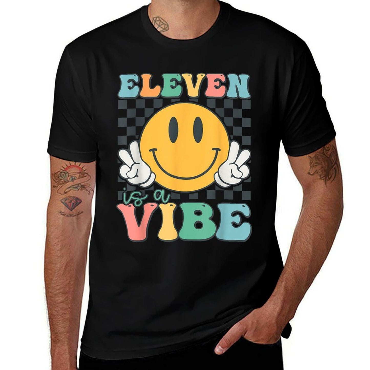 Eleven Is A Vibe 11th Birthday Smile Face Hippie Boys Girls  Fade-proof Color T-Shirt