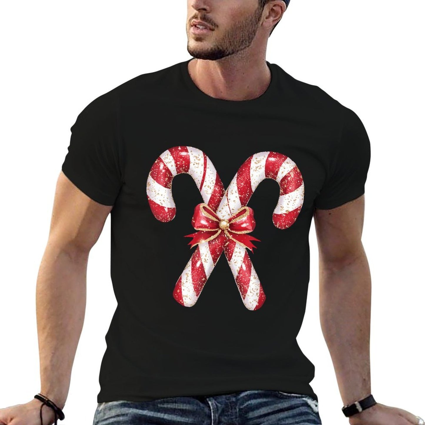 Retro Coquette Bow Candy Cane Christmas Season Girls Womens  Rolled Sleeves T-Shirt