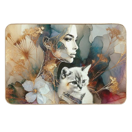 Golden Line Art Woman with Cat – Abstract Watercolor Elegance  Multi-Purpose Bath Mat