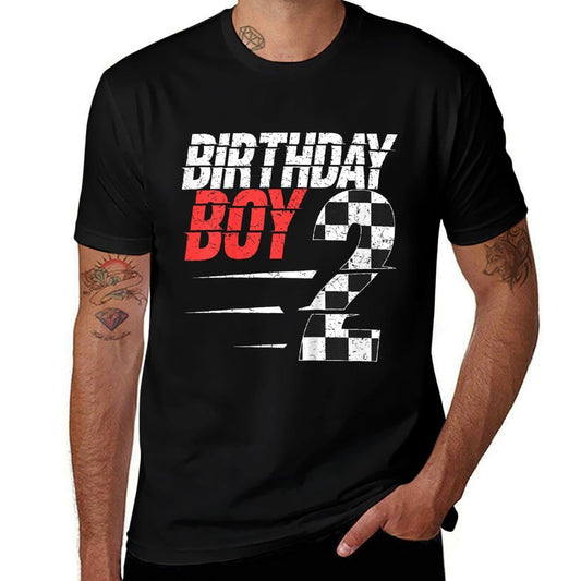 Kids Birthday Boy 2 Two Racing Flag 2nd Birthday Race Car Toddler  Rolled Sleeves T-Shirt