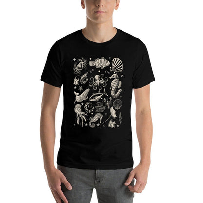 Vintage Ocean Wildlife Shark Turtle Octopus  Stretchy T-Shirt