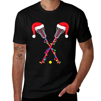 Lacrosse Santa Hat Christmas Lights Funny Sport Xmas Boys  Oversized Silhouette T-Shirt