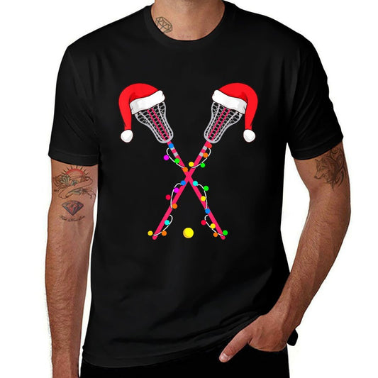 Lacrosse Santa Hat Christmas Lights Funny Sport Xmas Boys  Oversized Silhouette T-Shirt