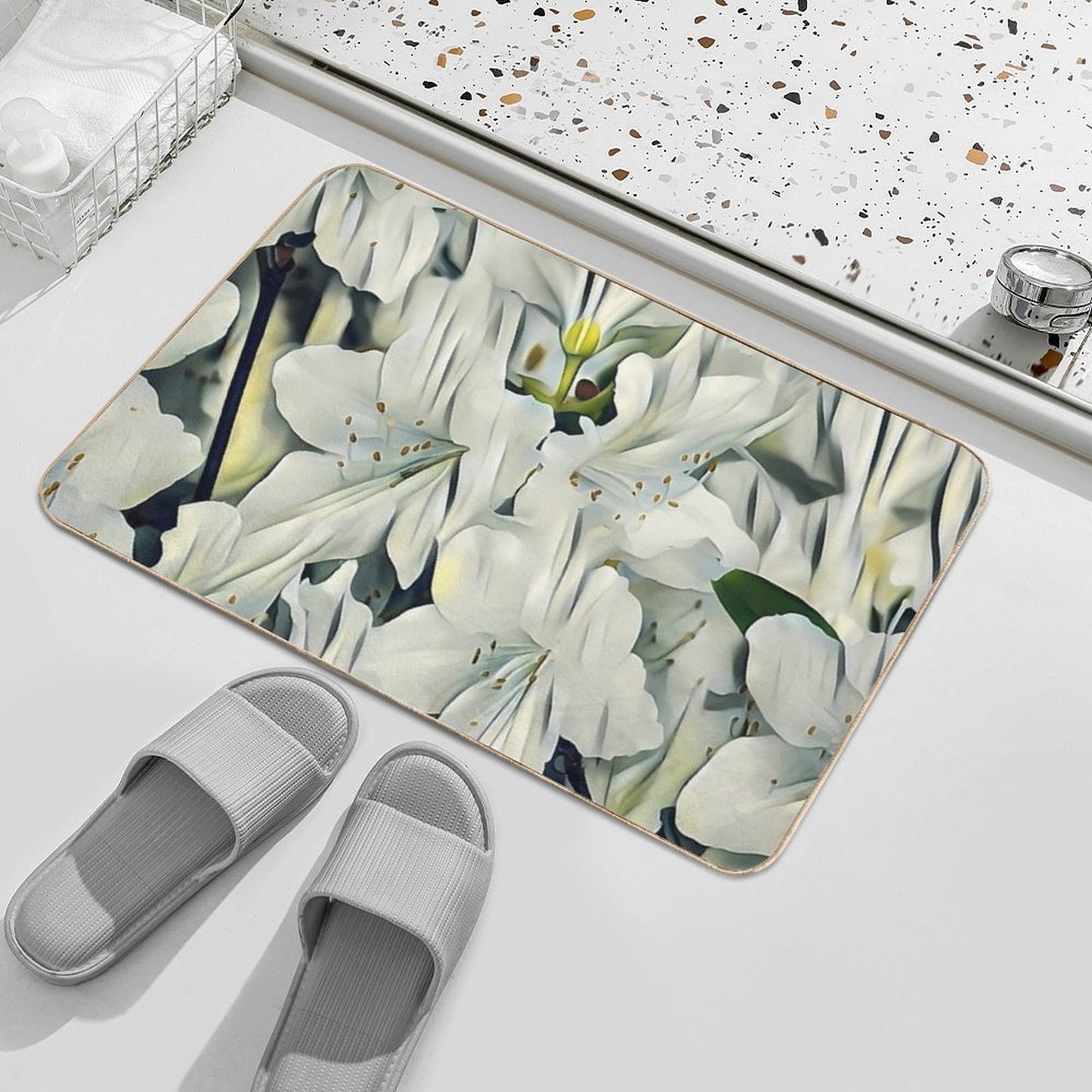 1 Elegant White Bloom Design  Minimalist Floral Art for Nature Lovers  Versatile Bath Mat