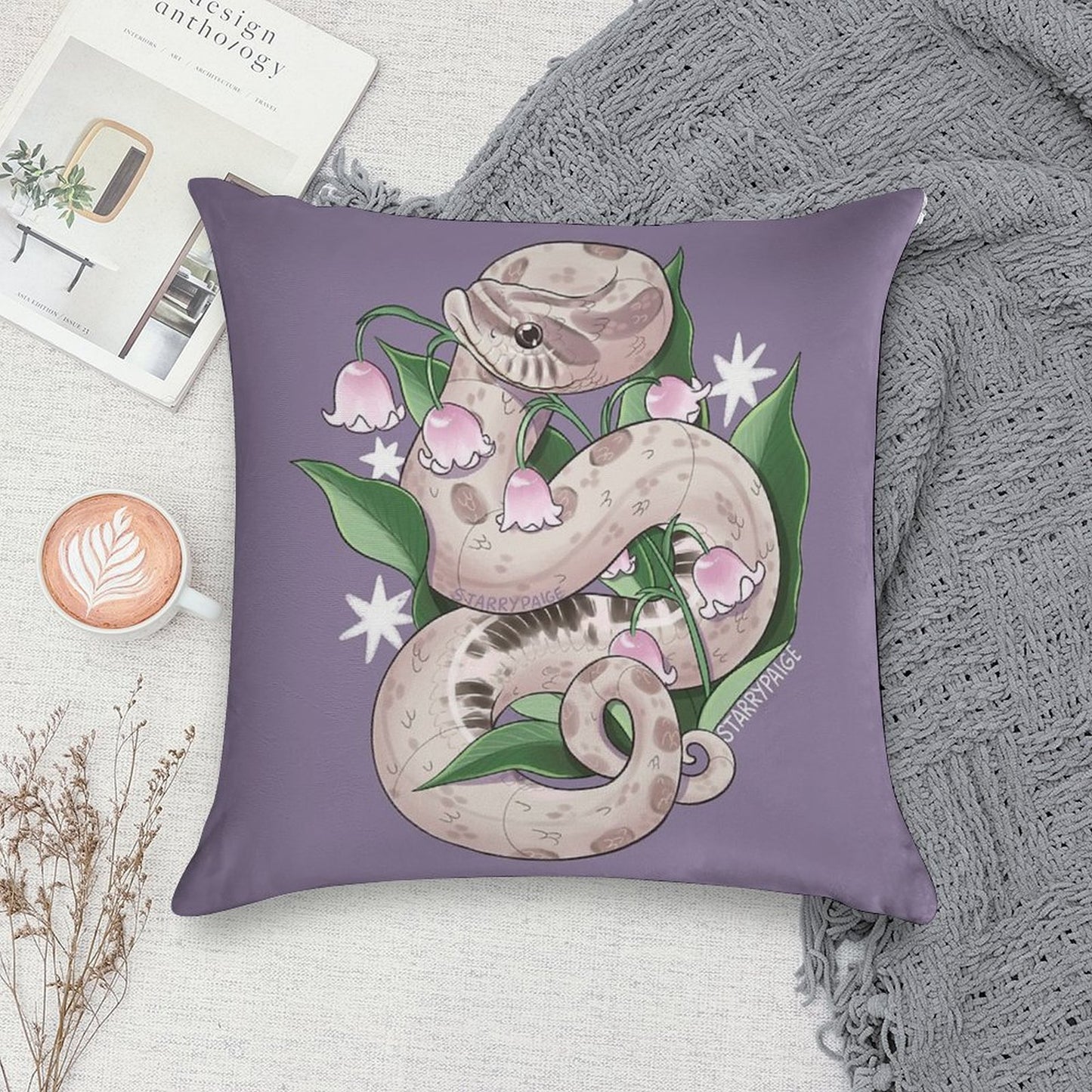 Lavender Hognose Snake with Lily of The Valley Soft Hidden Zipper Throw Pillow