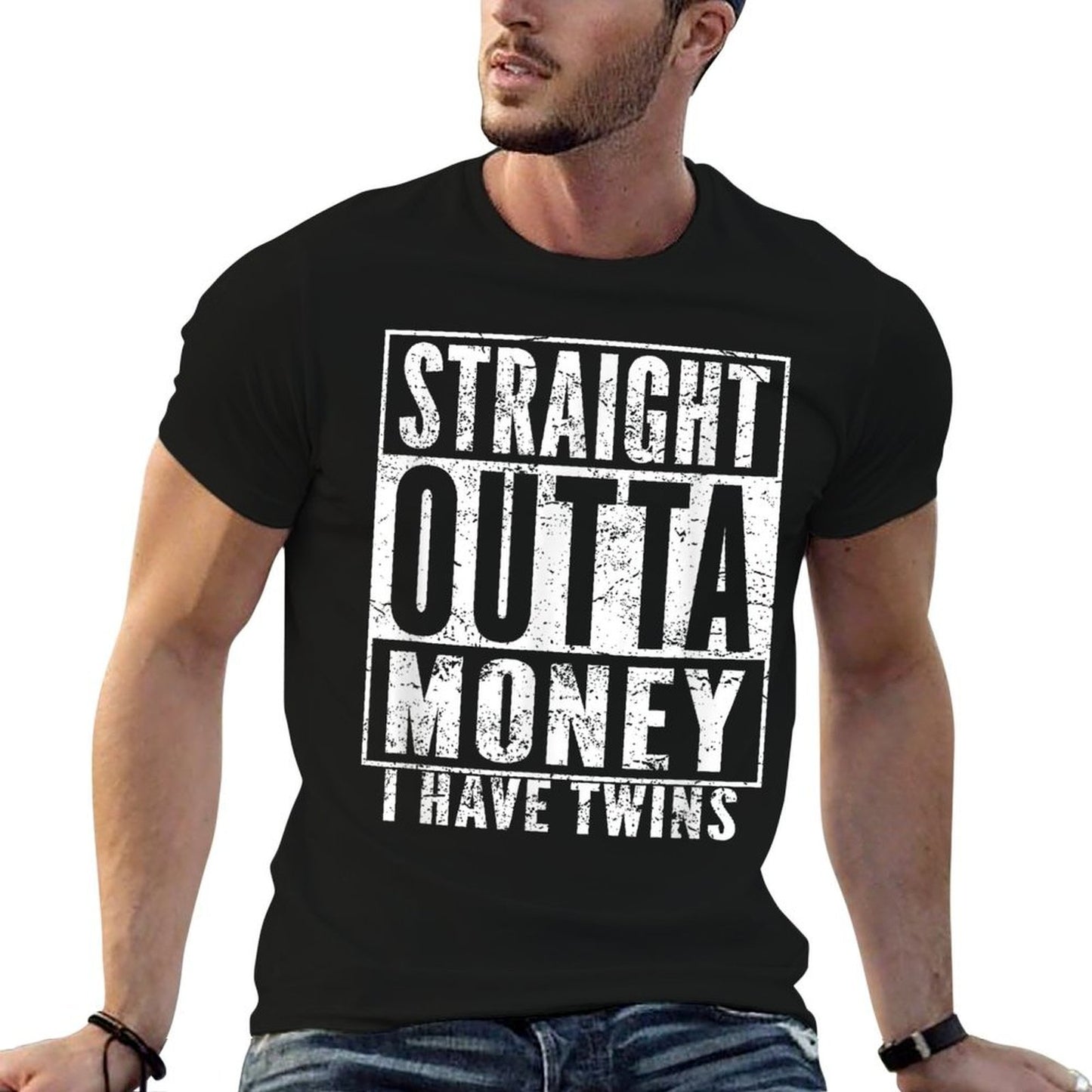Twin Parents Fun Straight Outta Money I Have Twins  Fade-proof Color T-Shirt