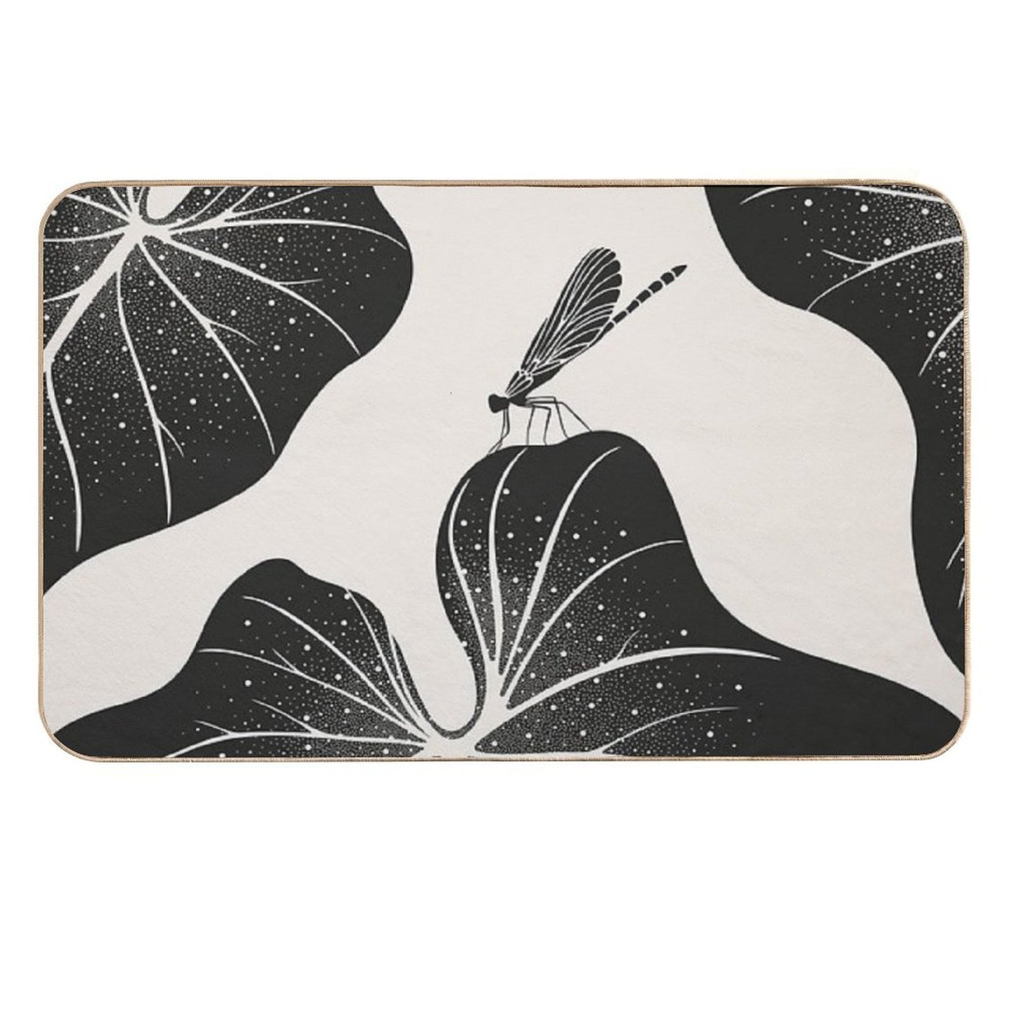 Dragonfly on Leaf with Water Drops, Minimalist Illustration  Easy Maintenance Bath Mat