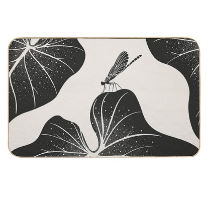 Dragonfly on Leaf with Water Drops, Minimalist Illustration  Easy Maintenance Bath Mat
