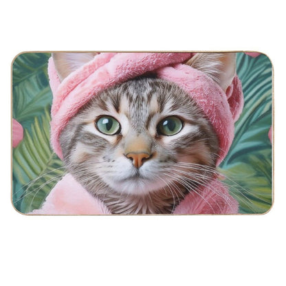 Relaxing Cat in Pink Robe And Towel Spa-Themed Cat Portrait  Odorless Bath Mat