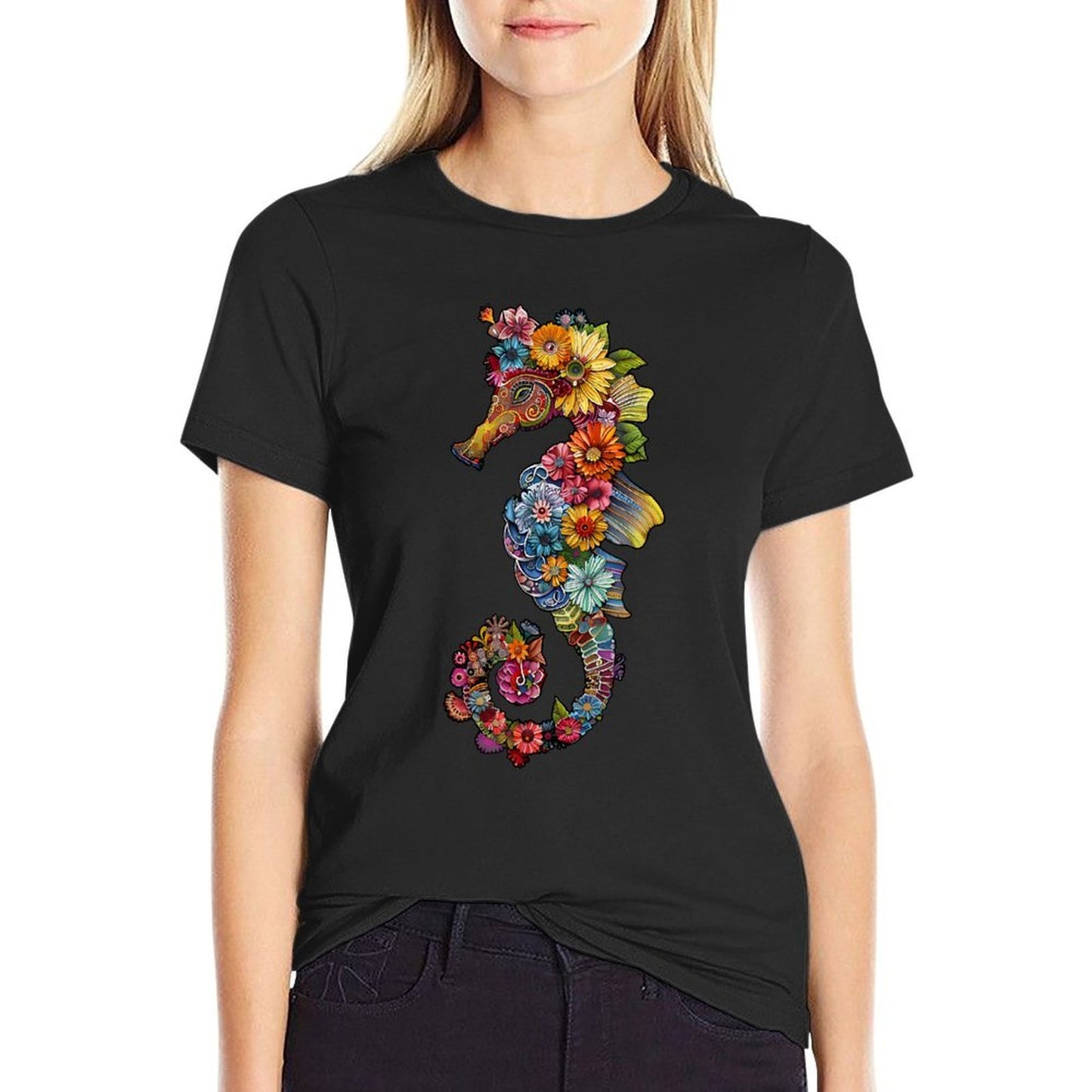 Floral Seahorse Ocean Animal Marine Beach Seahorse Flowers  High-quality Stitching T-Shirt
