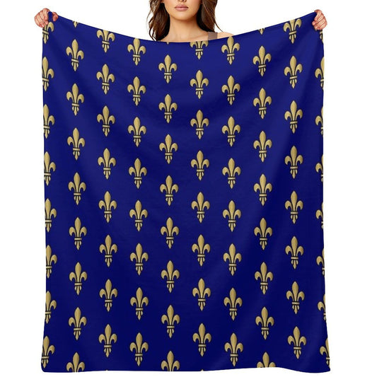 Royal Heraldic Golden Lilies on Blue Background Seamless Pattern Sustainable Throw Blanket