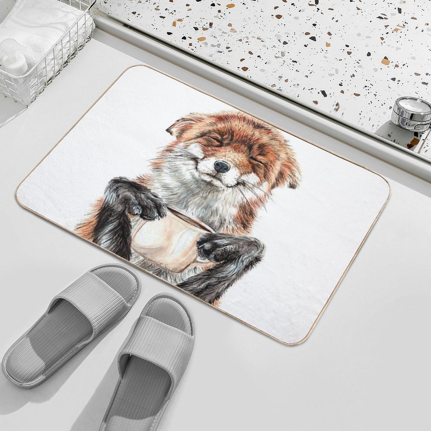 Morning Fox - Cute Coffee Animal  Absorbent Bath Mat