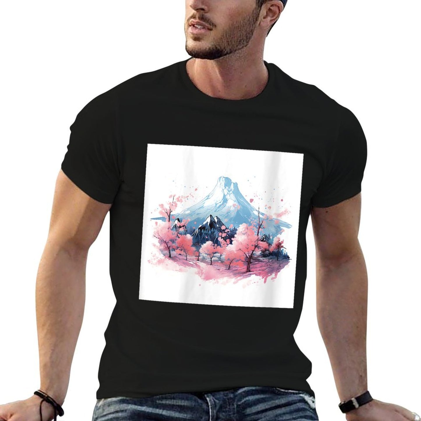 Sakura Waltz Japanese Stream in Mountain Twilight Glow  Ribbed Collar T-Shirt