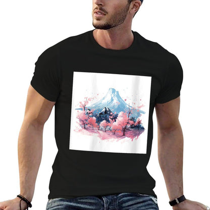 Sakura Waltz Japanese Stream in Mountain Twilight Glow  Ribbed Collar T-Shirt