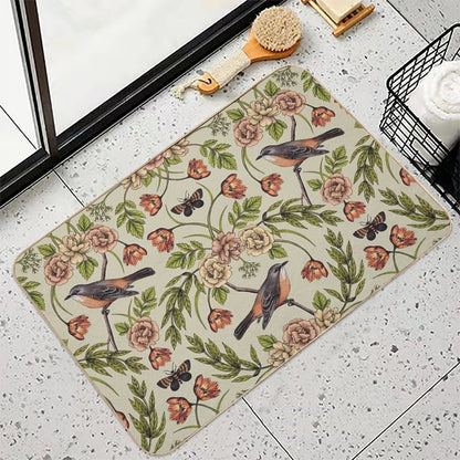 In The Garden - Nature Pattern W Birds, Flowers & Moths  Non-Slip Bath Mat