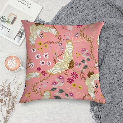 Chinoiserie Cranes on Pink, Birds Soft Decorative Cover Throw Pillow