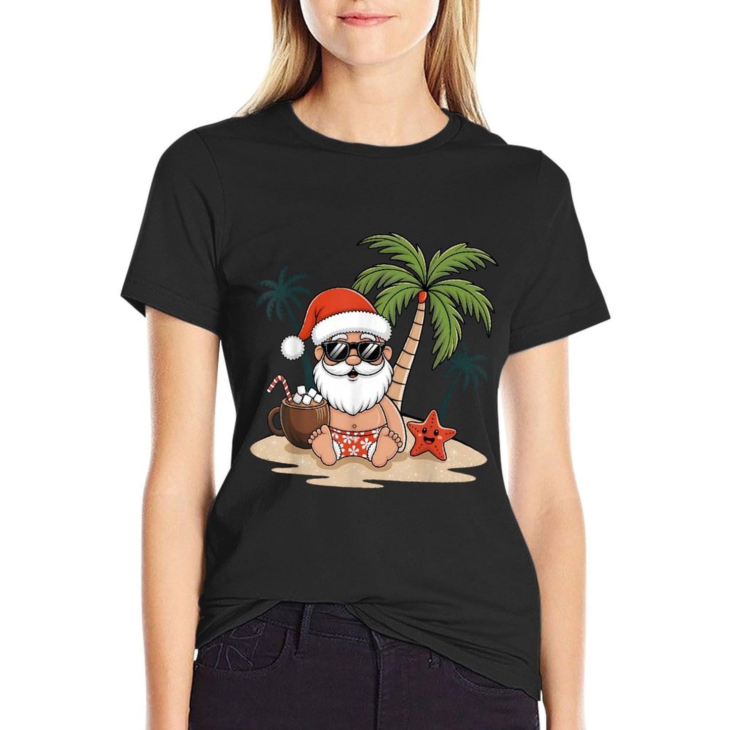 Funny Christmas Santa Hawaiian Beach Xmas Palm Tree Tropical  Polyester Blend T-Shirt