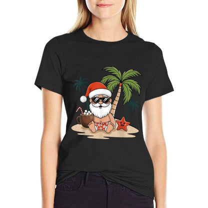 Funny Christmas Santa Hawaiian Beach Xmas Palm Tree Tropical  Polyester Blend T-Shirt