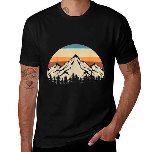 Retro Mountains Wildlife Hiking Outdoor Nature Trees Forest  Trendy Pattern T-Shirt