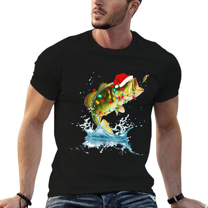 Funny Bass Fishing Santa Hat Christmas Pajama Fishermen Fish  Lightweight T-Shirt