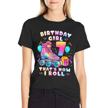 7th Birthday Girl 7 Years, Roller Skates, Number 7  Lightweight T-Shirt
