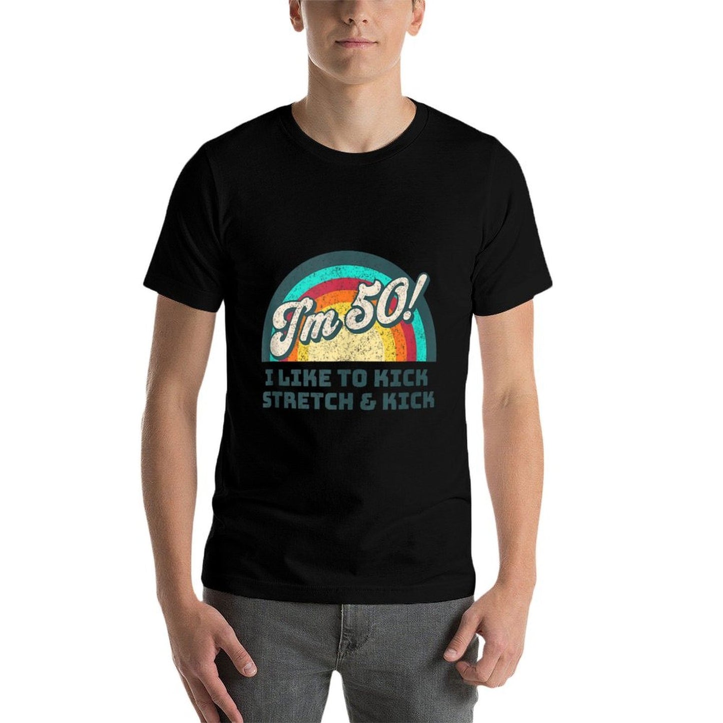 I Like to Kick Stretch And Kick, I'm 50, Retro 50th Birthday  Polyester Blend T-Shirt
