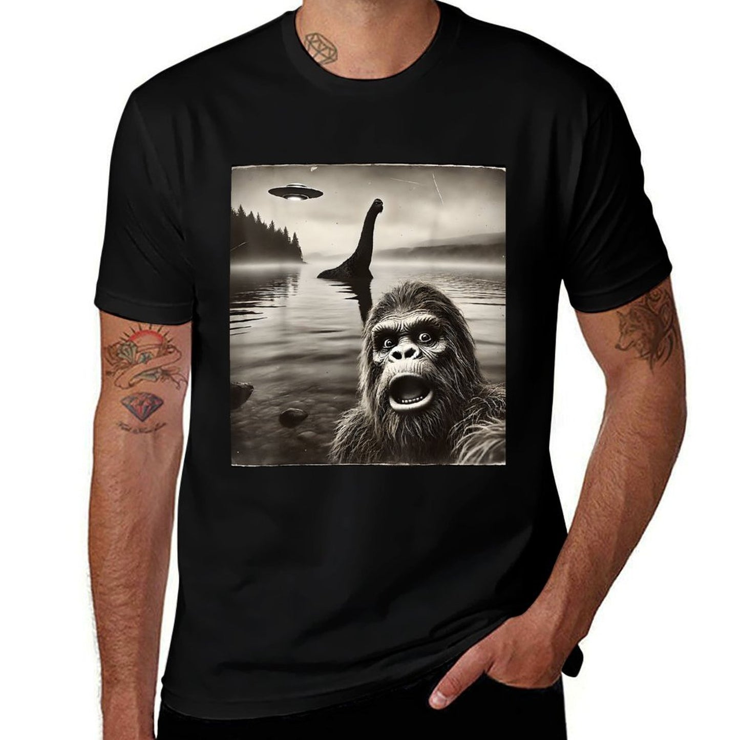 Bigfoot Selfie With Loch Ness Monster And UFO Aliens Graphic  Affordable Price T-Shirt