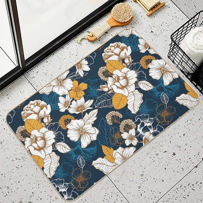 Navy And Gold Peony And Blossom Seamless Pattern  Rapid-Drying Bath Mat