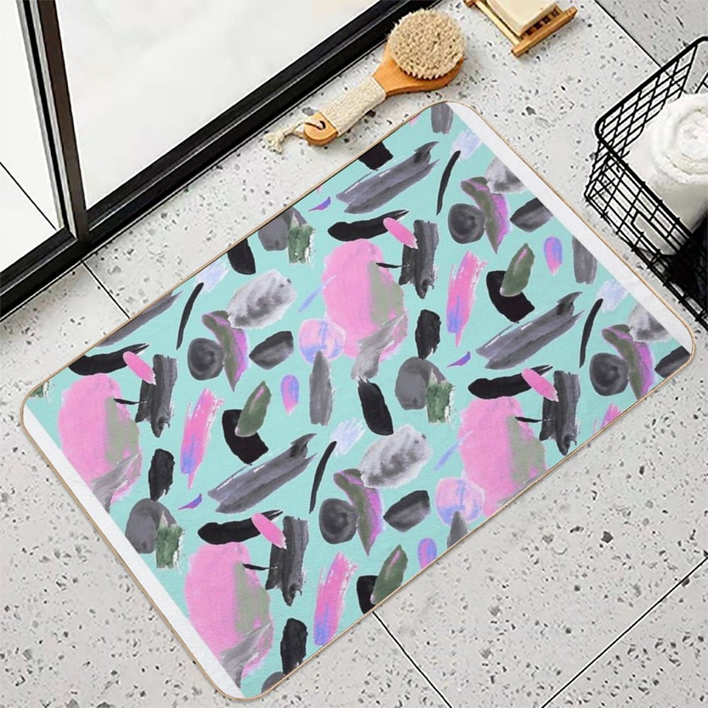 Mint And Pink Abstract Painting  Multi-Purpose Bath Mat