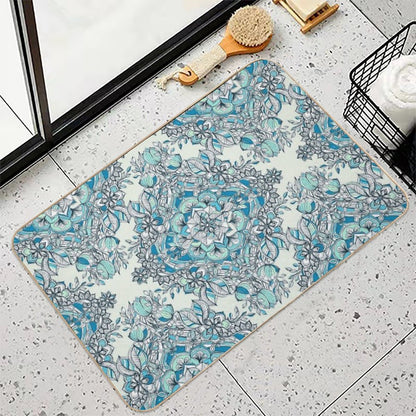 Floral Diamond Doodle in Teal And Turquoise  Pet-Safe Bath Mat