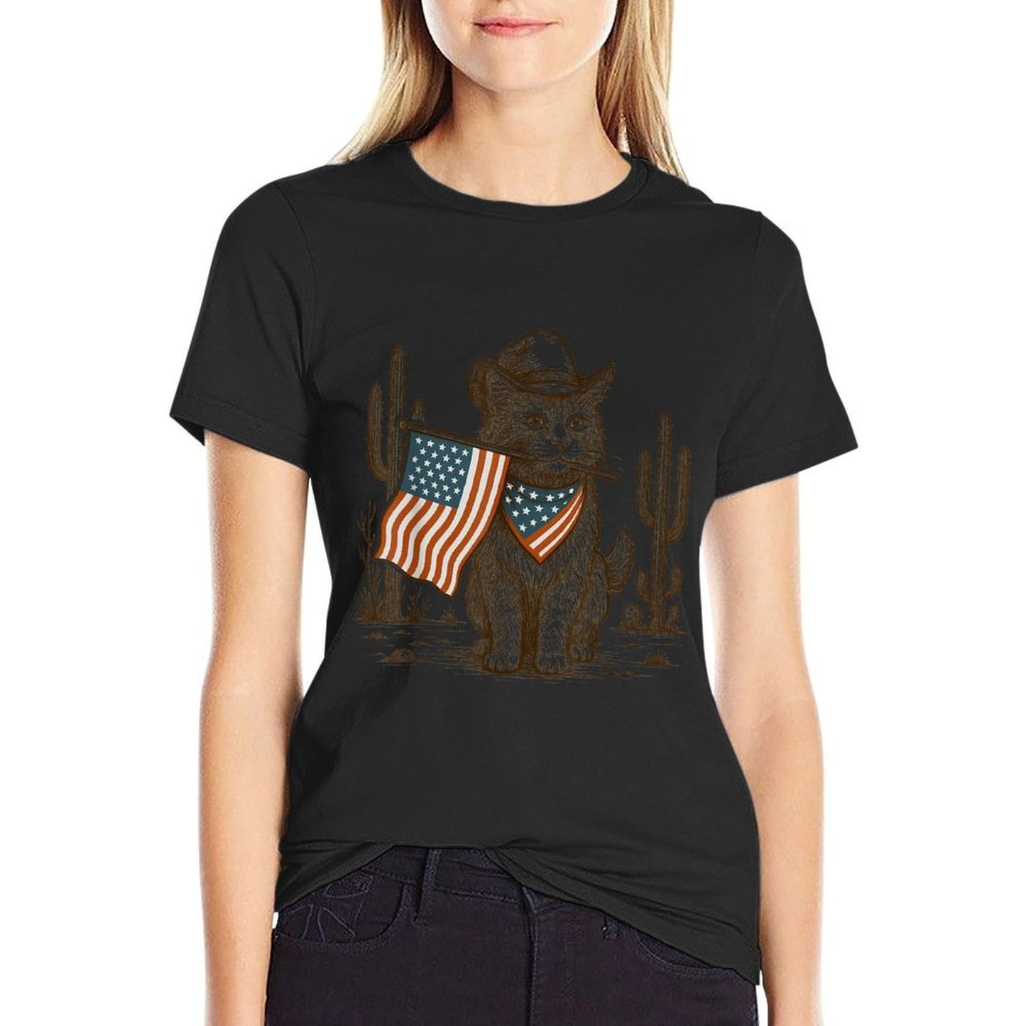 Western Country Patriotic Cowboy Cat Lover 4th of July  Soft T-Shirt